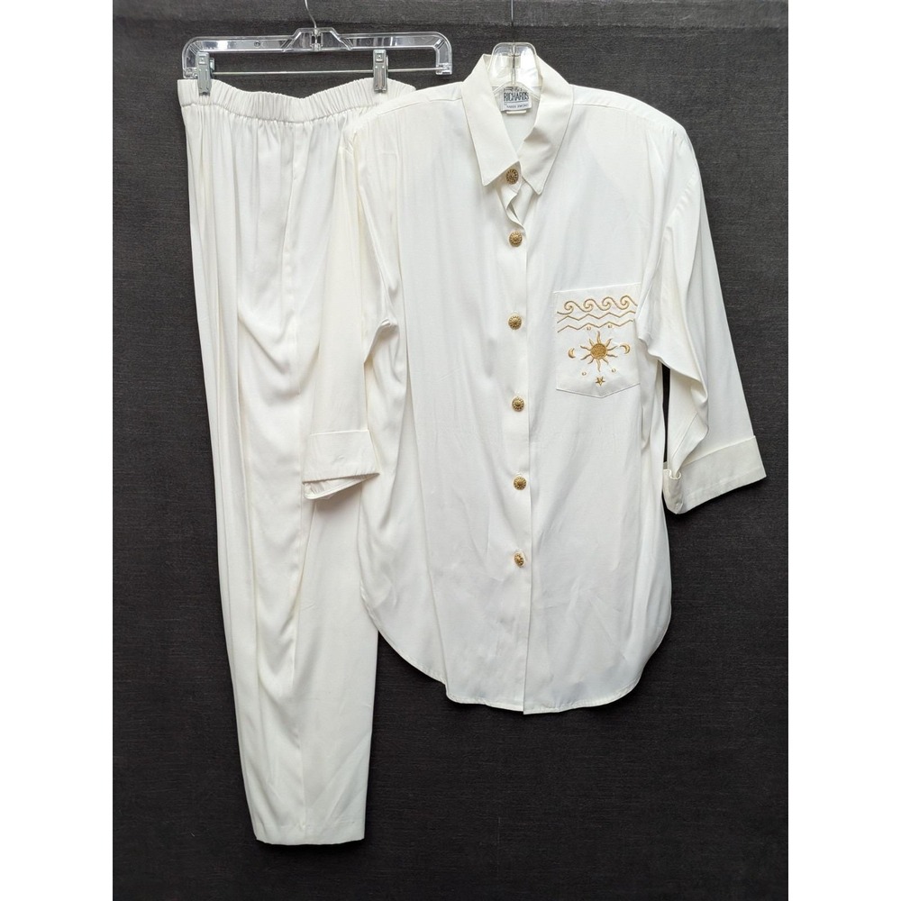 RM Richards Karen Kwong White Pant Set 80s 90s Celestial Sun Moon Stars Vtg 12